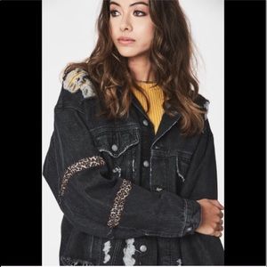 LF Carmar Oversized Distressed Black Denim Jacket Cheetah Leopard Zipper Grunge